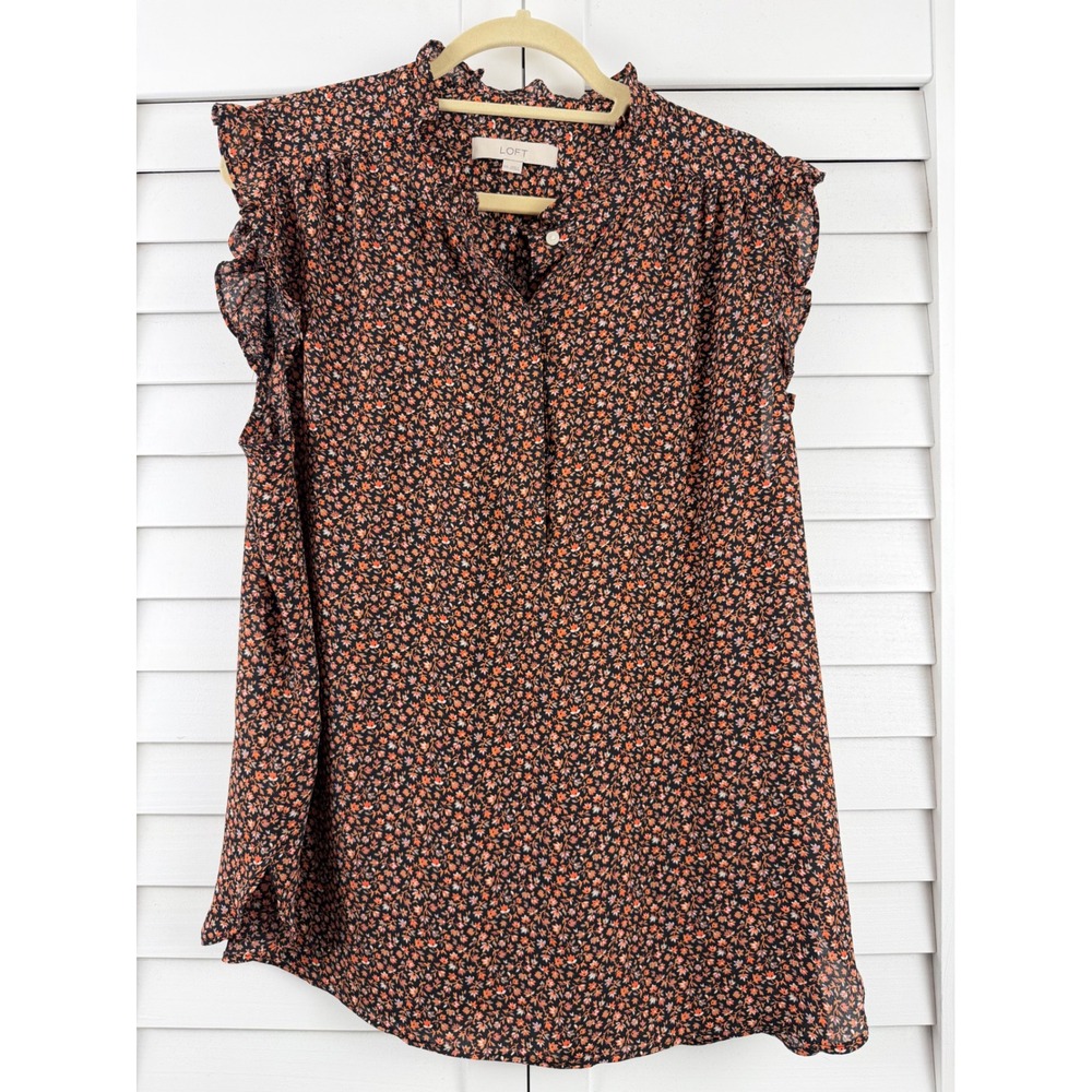 LOFT Floral Blouse Womens XXL Black Orange Ruffle Sleeve Mock Neck